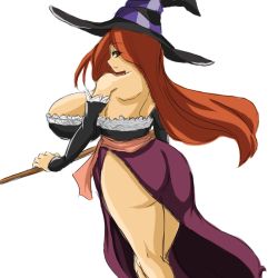 Rule 34 | ass, bare shoulders, breasts, brown eyes, brown hair, cleavage, curvy, detached sleeves, dragon&#039;s crown, dress, from behind, hat, huge ass, huge breasts, long hair, long skirt, looking back, profile, simple background, skirt, solo, sorceress (dragon&#039;s crown), staff, standing, strapless, strapless dress, vanillaware, weapon, witch, witch hat, zeon (pixiv722928)