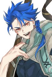 Rule 34 | 1boy, asymmetrical bangs, asymmetrical clothes, blue hair, braid, braided ponytail, child, cu chulainn (fate), earrings, fangs, fate/grand order, fate/grand order arcade, fate (series), grin, high collar, highres, hood, hood down, jewelry, long hair, looking at viewer, male focus, moyashi san4, open mouth, ponytail, red eyes, setanta (fate), simple background, skin tight, smile, solo, spiked hair, staff, white background