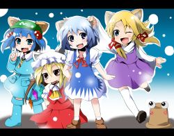 Rule 34 | 4girls, animal ears, arm up, ascot, asymmetrical hair, bad id, bad pixiv id, blonde hair, blue dress, blue eyes, blue hair, blush, boots, cat ears, chibi, cirno, closed eyes, dress, grabbing another&#039;s ear, fang, flandre scarlet, hair bobbles, hair ornament, hair ribbon, hand on another&#039;s ear, hat, kawashiro nitori, kemonomimi mode, letterboxed, lights, moriya suwako, multiple girls, one eye closed, open mouth, oriennto, pocket, pyonta, red eyes, ribbon, shirt, short hair, side ponytail, sitting, skirt, skirt set, smile, thighhighs, touhou, twintails, two side up, white legwear, wings, wink, zettai ryouiki