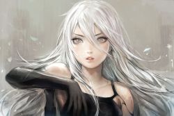 Rule 34 | 1girl, bare shoulders, black gloves, collarbone, elbow gloves, gloves, highres, long hair, looking at viewer, mole, mole under mouth, nier (series), nier:automata, parted lips, pink lips, simple background, solo, tank top, viorie, white background, white eyes, white hair, a2 (nier:automata)