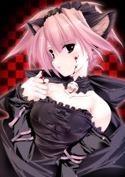 Rule 34 | 1girl, animal ears, bare shoulders, bell, black eyes, blood, blood on face, blush, breasts, cat ears, checkered background, dress, goth fashion, highres, jian, neck bell, pink hair, ribbon, short hair, solo
