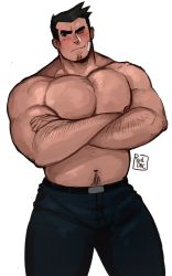 Rule 34 | 1boy, absurdres, bara, beard, blush, body hair, brown hair, crossed arms, facial hair, ace attorney, highres, dick gumshoe, large pectorals, male focus, manly, muscular, nipples, pectorals, ruslorc, topless male, short hair, solo, thick thighs, thighs, upper body