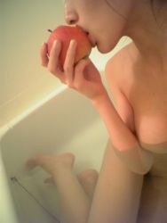Rule 34 | 1girl, apple, asian, bathtub, food, fruit, highres, indoors, nude, partially submerged, photo (medium), solo, tachibana riko