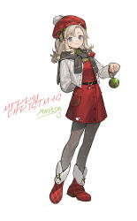Rule 34 | 1girl, arm behind back, beret, blonde hair, blue eyes, boots, character name, christmas, christmas ornaments, closed mouth, dress, full body, hat, highres, holding, holding ornament, ichisaku, jacket, looking at viewer, matilda bouanich, merry christmas, open clothes, open jacket, pantyhose, pom pom (clothes), red dress, red footwear, red hat, reverse:1999, shoes, simple background, solo, standing, white background