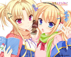 Rule 34 | 2girls, :o, alternate costume, blonde hair, blue eyes, blue jacket, blue scrunchie, blush, book, bow, braid, breast press, breasts, brown scarf, can, canned coffee, cardigan, casual, close-up, closed mouth, coffee, company name, copyright name, crown braid, drink can, eyelashes, eyes visible through hair, fingernails, green scarf, hair between eyes, hair intakes, hair ornament, hair scrunchie, hairclip, hand up, hands up, headphones, heart, heart hair ornament, heroina di caballero ista, highres, holding, holding book, holding can, jacket, kin-iro loveriche, kisaki reina, large breasts, long hair, looking at viewer, multiple girls, neck ribbon, official art, open book, open clothes, open jacket, open mouth, pink cardigan, pink eyes, purple ribbon, red bow, ribbon, scarf, scrunchie, shirt, short ponytail, sidelocks, simple background, single bare shoulder, sleeves past wrists, smile, snowman print, symmetrical docking, toranosuke, twintails, v, wavy hair, white background, white shirt, winter clothes
