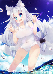 Rule 34 | 1girl, animal ear fluff, animal ears, aqua eyes, blue sky, blush, breasts, cloud, cloudy sky, collarbone, covered navel, double fox shadow puppet, fang, fox ears, fox girl, fox shadow puppet, fox tail, from below, hair over shoulder, hands up, japanese clothes, kitsune, large breasts, lens flare, long hair, looking at viewer, low-tied long hair, multiple tails, old school swimsuit, one-piece swimsuit, open mouth, original, outdoors, school swimsuit, skin fang, sky, solo, swimsuit, tail, torii (kedamatori), very long hair, wading, water, wet, white hair, white one-piece swimsuit
