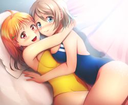 Rule 34 | 2girls, ahoge, bed, blue eyes, blue one-piece swimsuit, blush, breast press, casual one-piece swimsuit, clover hair ornament, commentary request, commission, competition swimsuit, curtains, hair ornament, hug, light brown hair, looking at viewer, love live!, love live! sunshine!!, multiple girls, niwatori (eck16614), nose blush, one-piece swimsuit, orange hair, pixiv commission, red eyes, short hair, swimsuit, symmetrical docking, takami chika, watanabe you, yellow one-piece swimsuit