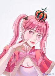Rule 34 | 1girl, artist name, blunt bangs, capelet, closed mouth, commentary request, crown, grey background, highres, korean commentary, lips, lipstick, long hair, makeup, one piece, perona, pink eyes, pink hair, pink lips, pink ribbon, ribbon, simple background, smile, solo, tilted headwear, ttippo-o, twintails, twitter username