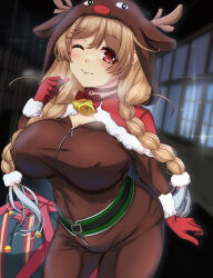 Rule 34 | 1girl, absurdres, alternate costume, animal costume, animal hood, antlers, braid, breasts, capelet, christmas, cloud hair ornament, fake antlers, fur-trimmed capelet, fur-trimmed gloves, fur trim, gloves, gradient hair, grey hair, hand up, highres, hood, horns, indoors, kantai collection, large breasts, light brown hair, long hair, low twin braids, minegumo (kancolle), multicolored hair, one eye closed, red capelet, red eyes, red gloves, reindeer antlers, reindeer costume, reindeer hood, shigatsu (soratobuusagi), solo, twin braids