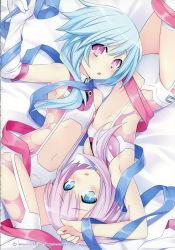 Rule 34 | 2girls, absurdres, arms up, blue eyes, blue hair, blush, choujigen game neptune mk2, highres, leotard, looking at viewer, lying, multiple girls, navel, neptune (series), official art, open mouth, power symbol-shaped pupils, purple eyes, purple hair, scan, siblings, sisters, symbol-shaped pupils, tears, torn clothes, torn leotard, tsunako, white sister ram, white sister rom