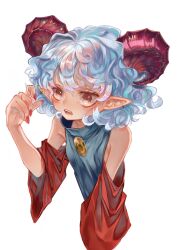 Rule 34 | 1girl, absurdres, blue dress, breasts, commentary request, cropped torso, curly hair, detached sleeves, dress, earrings, fingernails, highres, horns, jewelry, looking at viewer, open mouth, pointy ears, red eyes, red horns, red nails, red sleeves, sheep horns, short hair, sideboob, simple background, small breasts, solo, touhou, toutetsu yuuma, upper body, white background, white hair, zhu xiang