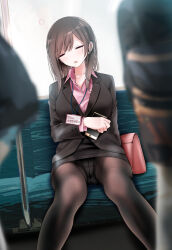 Rule 34 | 1girl, 2others, bag, black jacket, black skirt, blurry, blurry foreground, blush, breasts, brown hair, cellphone, collarbone, collared shirt, drooling, dutch angle, facing viewer, fine fabric emphasis, formal, handbag, head tilt, highres, holding, holding phone, jacket, large breasts, long hair, long sleeves, multiple others, office lady, ol-chan (oouso), oouso, open mouth, original, panties, panties under pantyhose, pantyhose, pencil skirt, phone, pink shirt, revision, shirt, sidelocks, sitting, skirt, skirt suit, sleeping, smartphone, solo focus, suit, swept bangs, train interior, underwear