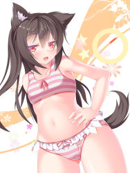 Rule 34 | 1girl, :d, alternate color, alternate hair color, animal ears, bad id, bad pixiv id, black hair, blush, bra, breasts, cameltoe, circle, collarbone, curvy, dog ears, dog tail, dragoner, fang, hand on own hip, hinanawi tenshi, imaizumi kagerou, long hair, naughty face, navel, open mouth, panties, red eyes, small breasts, smile, smug, solo, striped bra, striped clothes, striped panties, tail, touhou, underwear, underwear only, wide hips, wolf ears, wolf tail