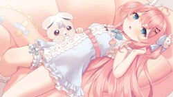 Rule 34 | 1girl, bare arms, blue bow, blue dress, blue eyes, bow, chitosezaka suzu, collared shirt, commentary request, commission, couch, crossed bandaids, dress, dress shirt, feet out of frame, hair between eyes, hair bow, hair ornament, hand up, long hair, lying, on back, on couch, original, pink hair, rabbit hair ornament, shirt, skeb commission, sleeveless, sleeveless dress, sleeveless shirt, socks, solo, stuffed animal, stuffed rabbit, stuffed toy, tail, two side up, very long hair, white shirt, white socks