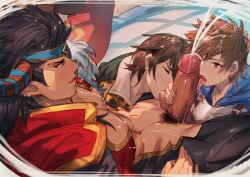 Rule 34 | 3boys, abs, brown hair, cain (granblue fantasy), cum, ejaculation, erection, facial, gran (granblue fantasy), granblue fantasy, hand on head, highres, licking, lying, male focus, multiple blowjob, multiple boys, muscular, orgasm, penis, penis grab, reinhardtzar, rerez, size difference, smile, sweat, testicle grab, testicles, uncensored, yaoi