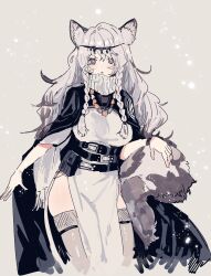 Rule 34 | 1girl, animal ear fluff, animal ears, arknights, braid, dress, grey background, grey eyes, grey hair, grey thighhighs, hair between eyes, head chain, highres, jewelry, leopard ears, leopard girl, leopard tail, long hair, looking at viewer, necklace, parted lips, pelvic curtain, pramanix (arknights), shishiseed, side braids, simple background, snowing, solo, tail, thighhighs, turtleneck, turtleneck dress