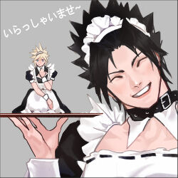 Rule 34 | 2boys, 96min69, alternate costume, animal collar, apron, black collar, black dress, black hair, blonde hair, blue eyes, cleavage cutout, closed eyes, clothing cutout, cloud strife, collar, collared dress, crossdressing, detached collar, dress, final fantasy, final fantasy vii, frilled apron, frills, frown, grey background, grin, hand on own chest, hand up, happy, highres, holding, holding tray, kneeling, maid, maid apron, maid day, maid headdress, male focus, mini person, miniboy, multiple boys, puffy short sleeves, puffy sleeves, short hair, short sleeves, smile, spiked hair, translation request, tray, white apron, zack fair