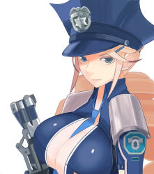Rule 34 | 10s, 1girl, armor, badge, between breasts, blonde hair, blue eyes, blue necktie, blue shirt, breasts, cleavage, closed mouth, colored eyelashes, drill hair, emblem, flipped hair, from side, gloves, gun, gunslinger stratos, hair ornament, hairclip, handgun, hat, holding, holding gun, holding weapon, large breasts, long hair, looking at viewer, necktie, necktie between breasts, open clothes, open shirt, pauldrons, peaked cap, police, police hat, police uniform, policewoman, shirt, shoulder armor, shoulder pads, sidelocks, simple background, smile, solo, tendoji sarah, tendouji sarah, trigger discipline, twin drills, uniform, upper body, weapon, white background, yuuki (irodo rhythm)