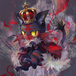 Rule 34 | animal ears, animal hands, cat ears, cat tail, claws, cloak, colored sclera, creatures (company), crown, english text, feet, fur trim, game freak, gen 7 pokemon, hat, kantarou (8kan), litten, looking at viewer, looking to the side, nintendo, no humans, pokemon, pokemon (creature), pokemon sm, red eyes, smile, solo, tail, text focus, yellow sclera