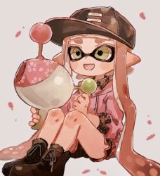 Rule 34 | 1girl, black footwear, black hat, black shorts, cherry blossoms, collar, fang, gun, hat, highres, holding, holding gun, holding weapon, hood, hoodie, inkling, inkling girl, inkling player character, legs together, long sleeves, looking to the side, nintendo, on floor, open mouth, pink hair, pink hoodie, plum0o0, pointy ears, shoes, short shorts, shorts, simple background, sitting, smile, solo, splatoon (series), weapon, white background, yellow eyes