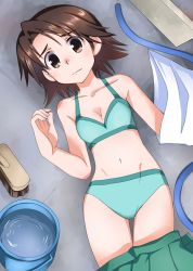 Rule 34 | 1girl, bikini, blouse, breasts, brown eyes, brown hair, brush, bucket, cleavage, closed mouth, clothes pull, commentary request, from above, girls und panzer, green bikini, hose, light frown, looking at viewer, lying, navel, on back, on ground, open clothes, open skirt, osamada meika, parted bangs, sawa azusa, shirt, unworn shirt, short hair, skirt, skirt pull, small breasts, solo, swimsuit, thigh gap, white shirt