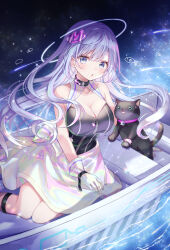 Rule 34 | 1girl, :o, absurdres, bare arms, bare shoulders, blue eyes, blue hair, boat, breasts, cat, cleavage, collarbone, dress, emori miku, gloves, gomano rio, hair between eyes, hair ornament, halo, highres, jewelry, large breasts, letter hair ornament, liver city, long hair, looking at viewer, neck ring, official art, open mouth, outdoors, sitting, very long hair, water, watercraft, white gloves
