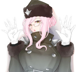 Rule 34 | 1girl, blush, breasts, buttons, fate/grand order, fate (series), fur hat, glasses, gloves, green jacket, hands up, hat, highres, jacket, koyanskaya (fate), koyanskaya (russian lostbelt outfit) (fate), large breasts, long hair, looking at viewer, open mouth, pink hair, saru (pixiv13751598), sidelocks, solo, swept bangs, tamamo (fate), white background, white gloves, yellow eyes