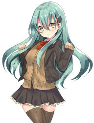 Rule 34 | 10s, 1girl, blouse, brown jacket, brown skirt, brown sweater, brown thighhighs, green eyes, green hair, hair ornament, hairclip, jacket, kantai collection, long hair, long sleeves, neck ribbon, pleated skirt, red ribbon, remodel (kantai collection), ribbon, school uniform, shirt, simple background, skirt, smile, solo, suzuya (kancolle), sweater, thighhighs, touko (toukoneko), white background, white shirt