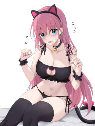 Rule 34 | 1girl, animal ears, bell, black choker, blue eyes, bocchi the rock!, breasts, cat ears, cat lingerie, cat tail, choker, commentary, curvy, english commentary, fake animal ears, fake tail, feint721, flying sweatdrops, gotoh hitori, hairband, highres, jingle bell, large breasts, long hair, meme attire, navel, neck bell, paid reward available, pink hair, shy, sitting, solo, stomach, tail, thong, very long hair, wide hips