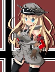 Rule 34 | 1girl, bare shoulders, bismarck (kancolle), black thighhighs, blonde hair, blue eyes, blush, breasts, brown gloves, detached sleeves, gloves, grey hat, hair between eyes, hat, highres, kantai collection, large breasts, long hair, military, military hat, military uniform, open mouth, peaked cap, pocket, rurisakura, solo, thighhighs, uniform