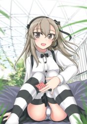 Rule 34 | 10s, 1girl, bad id, bad twitter id, black bow, black bowtie, black ribbon, black skirt, black thighhighs, blurry, blurry background, blurry foreground, bow, bowtie, brown eyes, casual, collared shirt, commentary request, condom, crotch seam, day, depth of field, girls und panzer, grass, hair ribbon, high-waist skirt, holding, holding condom, indoors, light brown hair, long hair, long sleeves, looking at viewer, open mouth, panties, pantyshot, petag2, ribbon, shimada arisu, shirt, side ponytail, sitting, skirt, smile, solo, striped clothes, striped thighhighs, suspender skirt, suspenders, thighhighs, underwear, white panties, white shirt