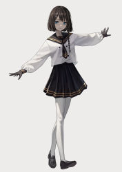 Rule 34 | 1girl, absurdres, black-haired demon girl (shimmer), black footwear, black gloves, black necktie, black sailor collar, black skirt, blue eyes, bob cut, braid, buttons, commentary, double-breasted, full body, gloves, hair ornament, hairclip, highres, loafers, long sleeves, looking at viewer, necktie, original, outstretched arms, pantyhose, parted lips, pleated skirt, sailor collar, school uniform, serafuku, shaded face, shirt, shoes, short hair, short necktie, simple background, skirt, solo, walking, white background, white pantyhose, white shirt, yoon cook