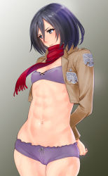 Rule 34 | 1girl, abs, arms behind back, black eyes, black hair, blush, bow, bow panties, bra, breasts, cameltoe, covered erect nipples, female focus, flat chest, highres, hip focus, jacket, mikasa ackerman, muscular, navel, open clothes, open jacket, panties, purple bra, purple panties, red-p, scarf, shingeki no kyojin, short hair, small breasts, solo, toned, underwear, vest