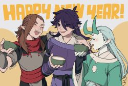 Rule 34 | 3boys, aqua hair, aqua horns, blush, brown hair, closed eyes, dated, drruraguchi, english text, eyes visible through hair, fengxi (the legend of luoxiaohei), hair between eyes, happy new year, highres, holding, horns, long sleeves, luo xiaohei zhanji, luozhu (the legend of luoxiaohei), multiple boys, new year, open mouth, purple hair, short sleeves, smile, xuhuai (the legend of luoxiaohei)