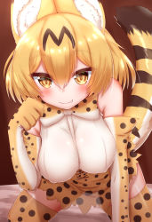 Rule 34 | 1girl, :3, animal ear fluff, animal ears, blush, bow, bowtie, breasts, closed mouth, elbow gloves, fang, fang out, gloves, highres, horokusa (korai), kemono friends, large breasts, looking at viewer, orange eyes, orange hair, serval (kemono friends), serval print, short hair, skirt, smile, solo, tail, thighhighs, traditional bowtie
