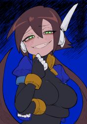 Rule 34 | 1girl, absurdres, aile (mega man zx), arm under breasts, black bodysuit, blue background, blue jacket, blush, bodysuit, bodysuit under clothes, breasts, brown hair, buzzlyears, cropped jacket, glowing, glowing eyes, green eyes, half-closed eyes, highres, jacket, large breasts, long hair, looking at viewer, mega man (series), mega man zx, mega man zx advent, open clothes, open jacket, parted lips, ponytail, robot ears, sharp teeth, smile, smug, solo, teeth, upper body