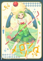 Rule 34 | 1girl, abstract background, bare arms, bare legs, barefoot, blue border, border, bow, character name, cherry, closed mouth, collarbone, dot nose, dress, drinking straw, food, food-themed background, food-themed clothes, frills, fruit, full body, gomgurim, green dress, green hair, highres, holding, holding drinking straw, ice cream, looking at viewer, melon soda, original, oversized object, personification, print dress, red bow, short hair, signature, smile, solo, standing, star-shaped pupils, star (symbol), symbol-shaped pupils, yellow eyes