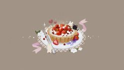 Rule 34 | animal, black cat, blue flower, rabbit, cat, closed mouth, danby merong, doily, flower, food, food focus, fruit, grey background, heart, highres, knife, no humans, original, plaid, simple background, smile, sparkle, strawberry, white flower