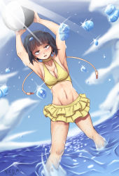 Rule 34 | 1girl, absurdres, arms up, ball, bare arms, beachball, bikini, black hair, blush, boku no hero academia, breasts, brown eyes, cleavage, cloud, day, frilled bikini, frills, highres, jirou kyouka, looking at viewer, medium breasts, navel, nico-mo, ocean, open mouth, outdoors, partially submerged, short hair, sky, smile, solo, swimsuit, water drop, yellow bikini