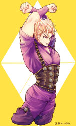 Rule 34 | 1boy, arms up, blonde hair, clenched hands, commentary request, corset, cropped legs, dio brando, grm jogio, jojo no kimyou na bouken, looking to the side, male focus, muscular, muscular male, phantom blood, red eyes, short hair, smile, solo, suspenders, twitter username