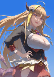 Rule 34 | 1girl, ahoge, black shirt, blue background, blunt bangs, bow, braid, breasts, brooch, cleavage cutout, clothing cutout, cowboy shot, dragon girl, dragon horns, dragon tail, fangs, hair intakes, hand on own hip, highres, hololive, horn bow, horn ornament, horns, jewelry, kiryu coco, kiryu coco (1st costume), large breasts, long hair, looking to the side, makimaki makky7, multicolored hair, open mouth, orange eyes, orange hair, pointy ears, red skirt, shirt, side braid, simple background, skin fangs, skirt, smile, solo, standing, streaked hair, tail, virtual youtuber