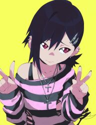 Rule 34 | 1girl, aetherion, black hair, chainsaw man, closed mouth, cross, cross necklace, double v, goth fashion, hair ornament, higashiyama kobeni, highres, jewelry, knife hair ornament, looking to the side, necklace, red eyes, shirt, simple background, solo, striped clothes, striped shirt, upper body, v, yellow background