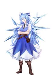 Rule 34 | absurdres, aged up, bag, belt, black necktie, blue bow, blue dress, blue eyes, blue hair, boots, bow, breasts, brown footwear, cirno, closed mouth, collared shirt, crossed arms, dress, full body, glasses, hair bow, high heel boots, high heels, highres, ice, ice wings, long dress, medium breasts, necktie, pinafore dress, shirt, short hair, sleeveless dress, smile, standing, tachi-e, tk31, touhou, transparent background, white shirt, wings
