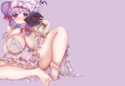 Rule 34 | 1girl, amii, bare shoulders, barefoot, blush, book, breasts, cleavage, embodiment of scarlet devil, feet, female focus, hair bun, huge breasts, looking at viewer, nail polish, nightgown, no panties, patchouli knowledge, plump, purple eyes, purple hair, simple background, single hair bun, sitting, soles, solo, spread legs, thick thighs, thighs, toenail polish, toenails, toes, touhou