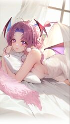 Rule 34 | blush, demon girl, demon wings, dress, earrings, feathers, isekai: slow life, jewelry, lilith (isekai: slow life), long hair, peacock feathers, pink eyes, pink lips, pink nails, pointy ears, pubic tattoo, purple hair, short dress, single feather, sleeveless, tattoo, translucent dress, transparent wings, white dress, wings
