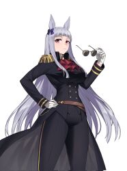 Rule 34 | 1girl, animal ears, ascot, black coat, black pants, blunt bangs, blunt ends, blunt tresses, bow, buttons, coat, commentary, cosplay, cowboy shot, double-breasted, ear bow, epaulettes, fukuro (maruaru00), gloves, gold ship (umamusume), hand on own hip, highres, holding, holding removed eyewear, horse ears, horse girl, looking at viewer, looking down, military uniform, naval uniform, pants, perry steam (umamusume), perry steam (umamusume) (cosplay), pun, purple bow, purple eyes, red ascot, sidelocks, solo, sunglasses, umamusume, umamusume: beginning of a new era, uniform, unworn eyewear, white gloves