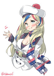 Rule 34 | 10s, 1girl, bad id, bad twitter id, belt, beret, blonde hair, blue eyes, blush, bow, breasts, buttons, cleavage, closed mouth, collarbone, commandant teste (kancolle), double-breasted, ebifurya, hat, highres, inactive account, jacket, kantai collection, long hair, long sleeves, looking at viewer, medium breasts, motion lines, multicolored hair, plaid, plaid bow, plaid scarf, pom pom (clothes), scarf, simple background, smile, solo, streaked hair, swept bangs, twitter username, white background, white jacket