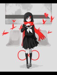 Rule 34 | 1girl, aaniko, ambiguous red liquid, black hair, black serafuku, black socks, bug, butterfly, commentary request, days (kagerou project), enpera, full body, hair ornament, hairclip, heart, highres, infinity symbol, insect, kagerou project, limited palette, looking down, neckerchief, red eyes, red scarf, scarf, school uniform, serafuku, socks, solo, tateyama ayano, train interior, white neckerchief