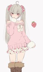 Rule 34 | 1girl, ahoge, bare shoulders, blush, boots, brown footwear, chigasaki yukari, closed mouth, floral print, food, fruit, fur trim, grey background, grey hair, hair ornament, hair scrunchie, highres, knee boots, long hair, long sleeves, looking at viewer, off-shoulder sweater, off shoulder, original, pink sweater, red eyes, scrunchie, simple background, skirt, sleeves past wrists, solo, strawberry, sweater, twintails, very long hair