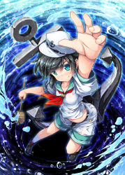 Rule 34 | 1girl, anchor, anchor symbol, aqua eyes, arm up, black hair, chima q, commentary, dress, foreshortening, from above, gradient background, hat, highres, ladle, midriff, murasa minamitsu, navel, neckerchief, puffy short sleeves, puffy sleeves, sailor dress, sailor hat, shirt, short sleeves, shorts, smirk, solo, spell, touhou, water